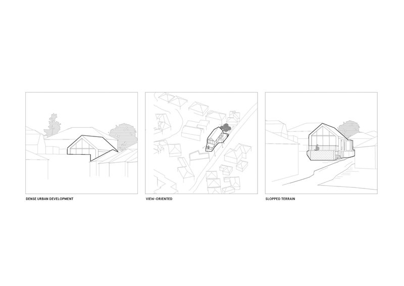 Site diagram showing three contextual scenarios for a gabled-roof volume among neighboring structures and trees