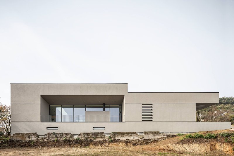 Minimalist façade with clean horizontal geometry embedded in a sloped terrain.