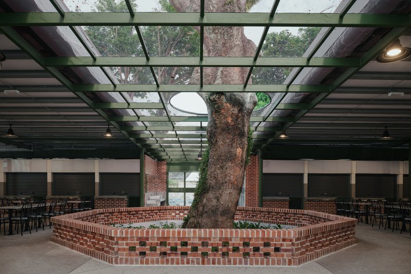 Interior view of a hexagonal brick planter surrounding a preserved tree beneath a glass and steel skylight