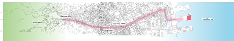 Site plan drawing showing a linear coastal route connecting inland area to waterfront with highlighted zones