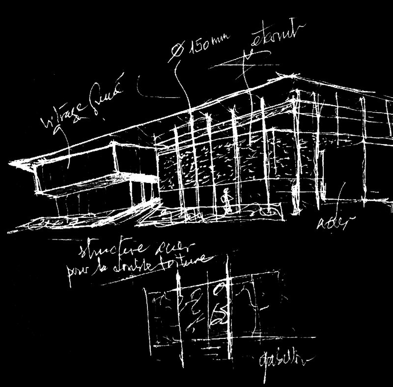Sketch drawing showing a timber frame structure with annotated notes and detailing ideas