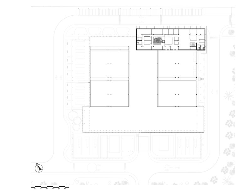 Upper floor plan drawing showing large open rooms arranged around a central outdoor terrace