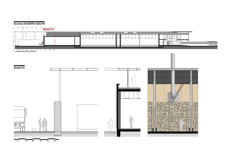 Section drawing with construction details showing wall assemblies, roofing system, and human scale figures