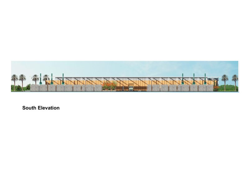 South elevation drawing showing the zigzag roofline flanked by palm trees under a clear sky