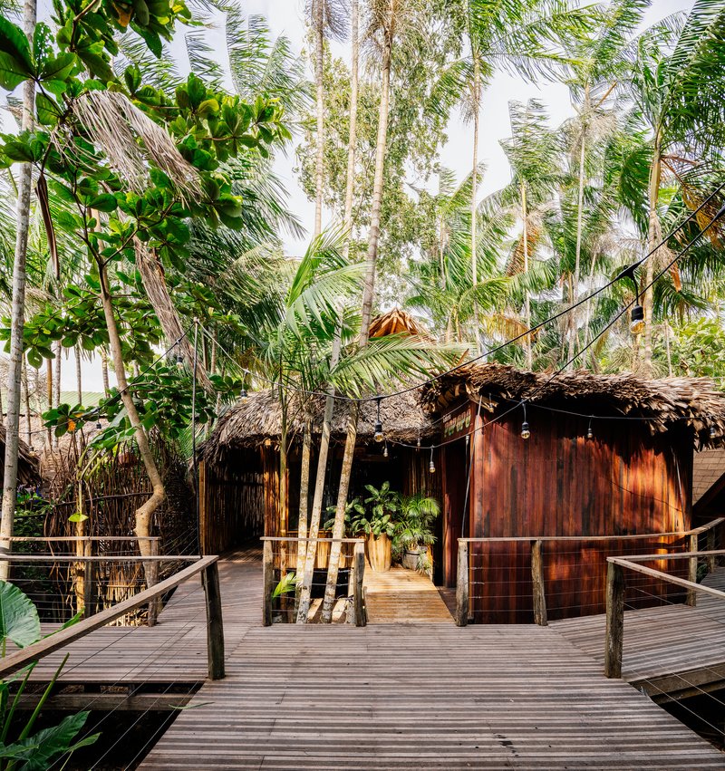 Timber boardwalk approaching thatched-roof pavilion with vertical wood cladding amid coconut palms
