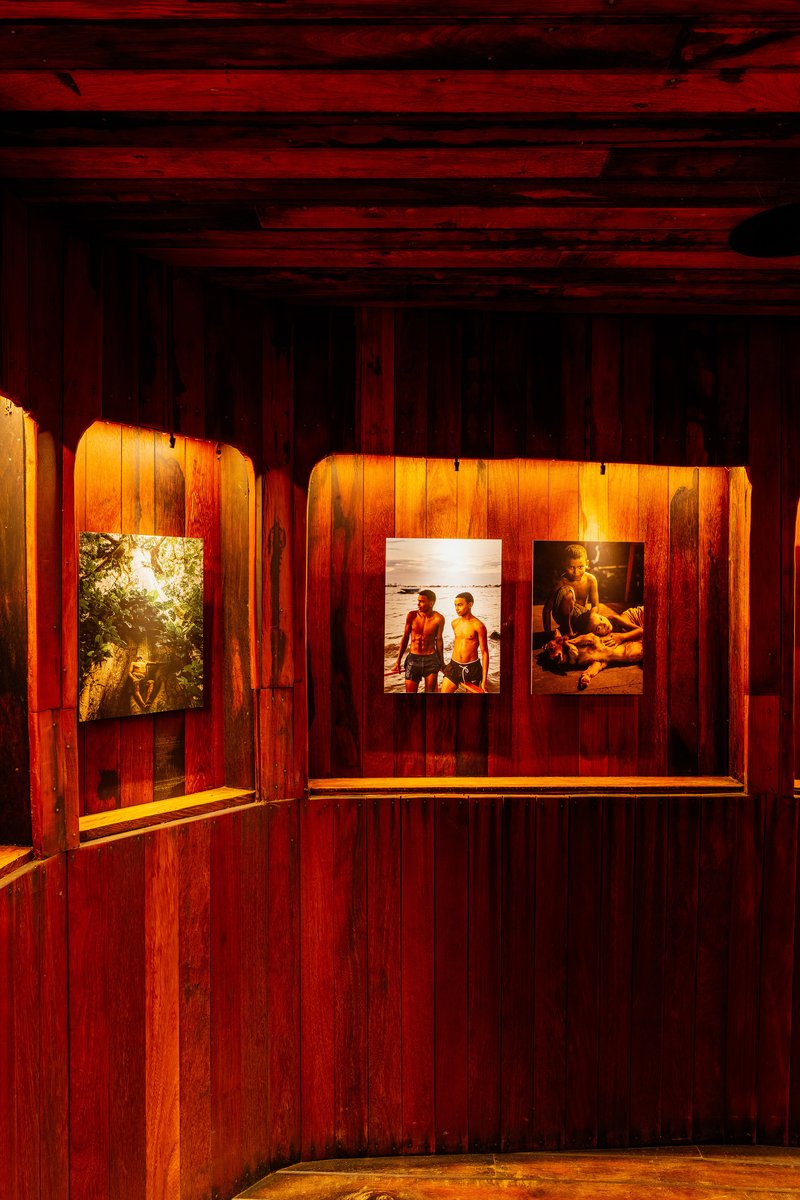 Detail of backlit photograph alcoves carved into vertical timber wall paneling under red light