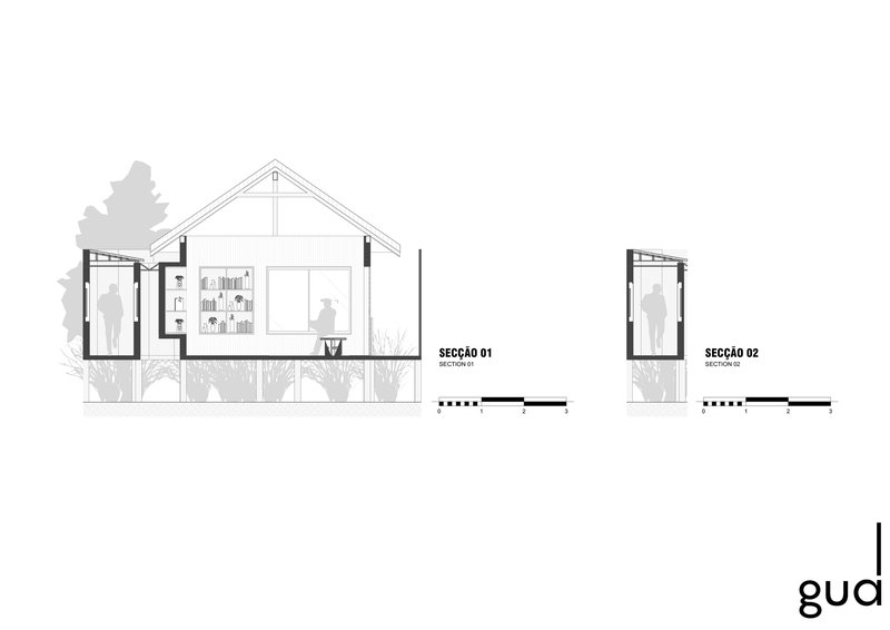 Section drawings illustrating pitched roof volume and compact side pavilion with human figures