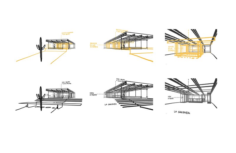Sketch elevations and perspective views showing the pavilion structure with exposed rafters and glazing