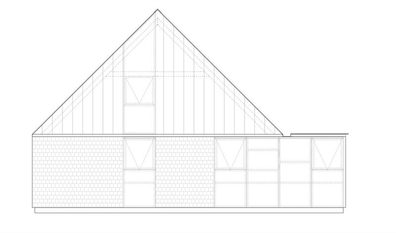 Elevation drawing showing a pitched roof volume with patterned brick walls and vertical window openings