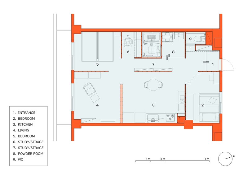 Floor plan drawing showing apartment layout with bedrooms, kitchen, and study spaces