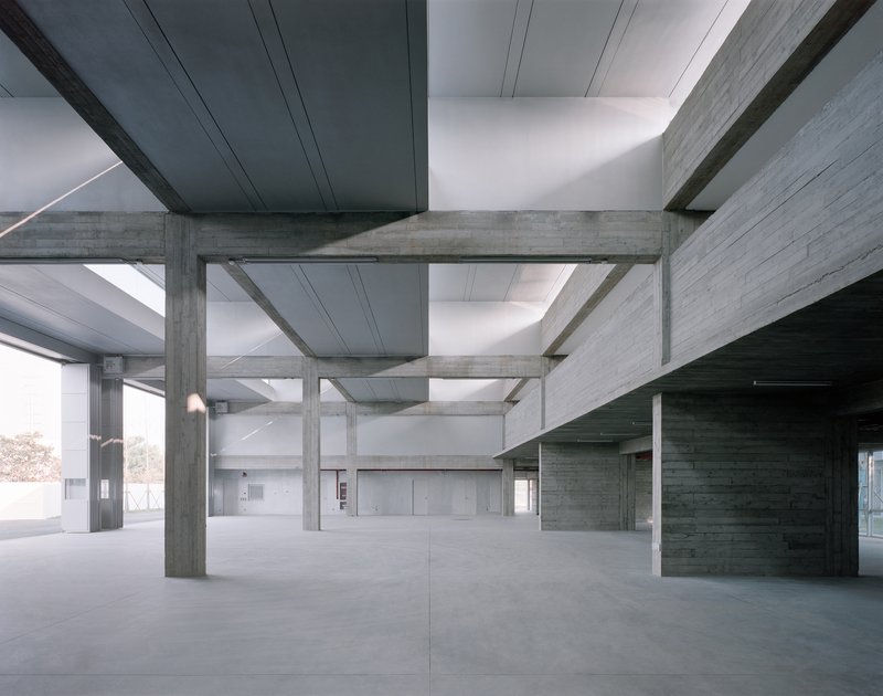 Exposed concrete structural grid with board-formed columns and beams beneath metal ceiling panels