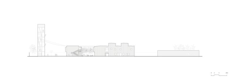 Elevation drawing of a complex with stepped volumes, a slender tower, and surrounding trees
