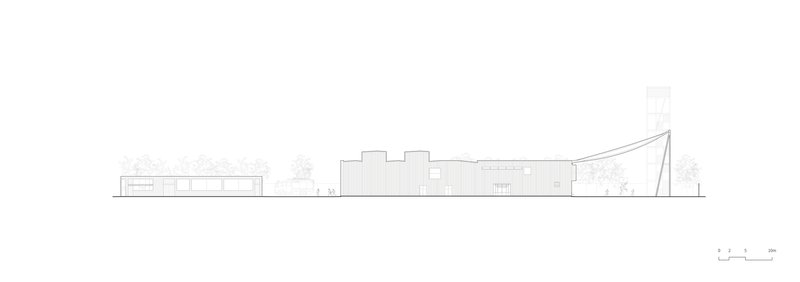 Elevation drawing showing a low horizontal building with a dramatic angled sail-like form at one end