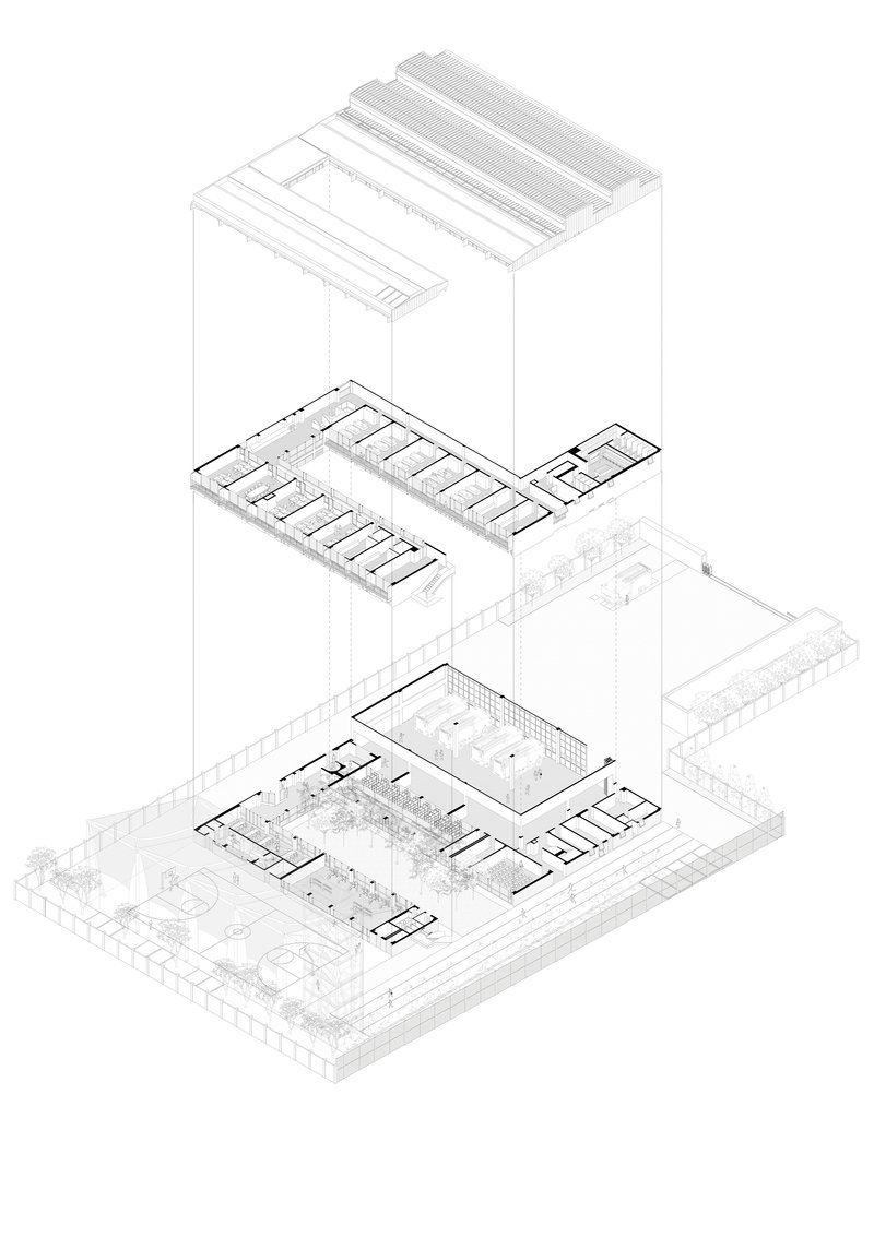 Exploded axonometric drawing revealing stacked floor plates, roof structure, and ground level courtyards with trees
