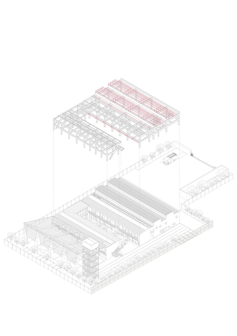 Exploded axonometric drawing highlighting the roof framing system in red above floor plates and site plan