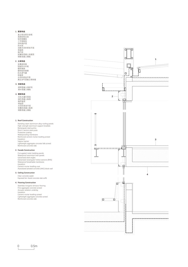 Construction detail sections showing roof, wall, and floor assemblies with material layers and structural connections