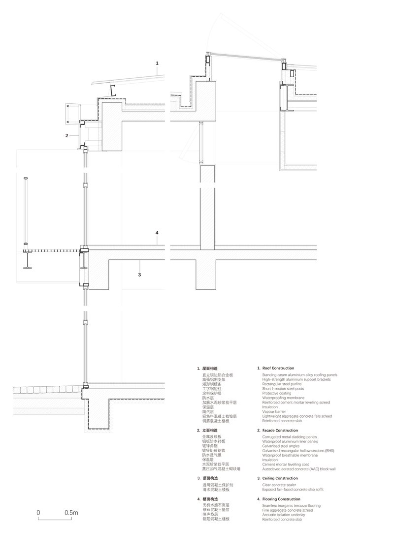 Detail sections illustrating wall, roof, and floor junction assemblies with insulation and structural framing