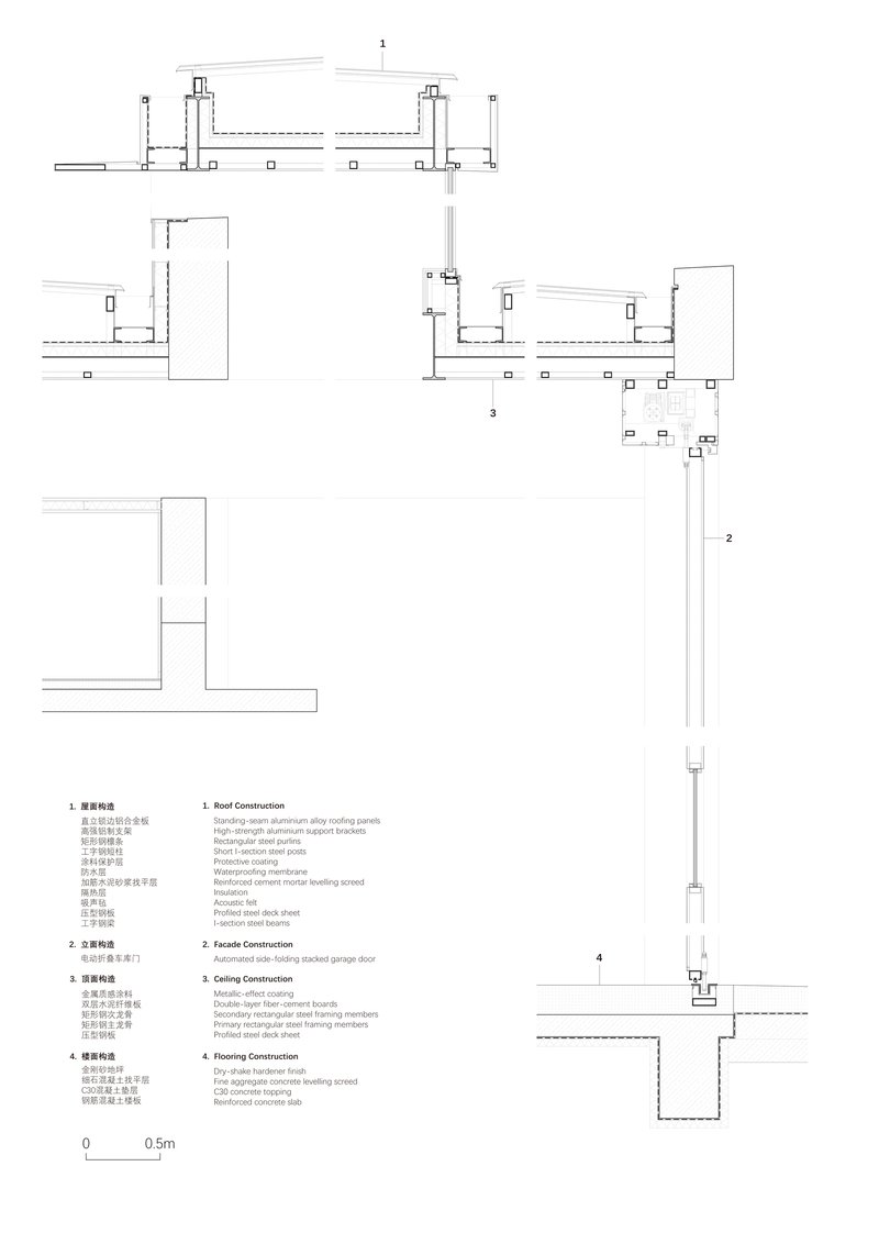 Construction detail drawings showing various building envelope connections and a vertical column section