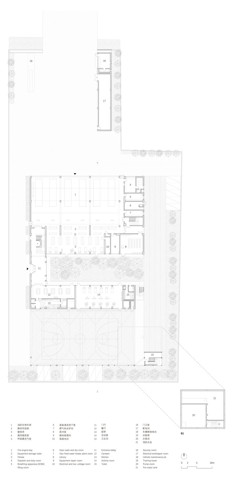 Ground floor plan drawing showing rectangular volumes arranged around courtyards with exterior landscaping