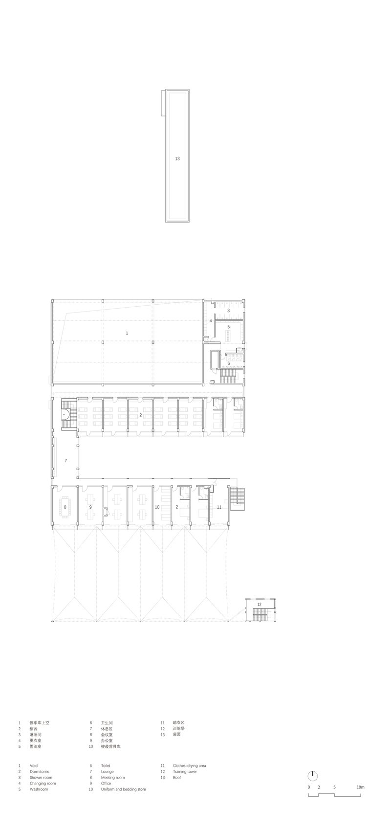 Upper floor plan drawing showing three stacked rectangular volumes with repeated room divisions and circulation cores