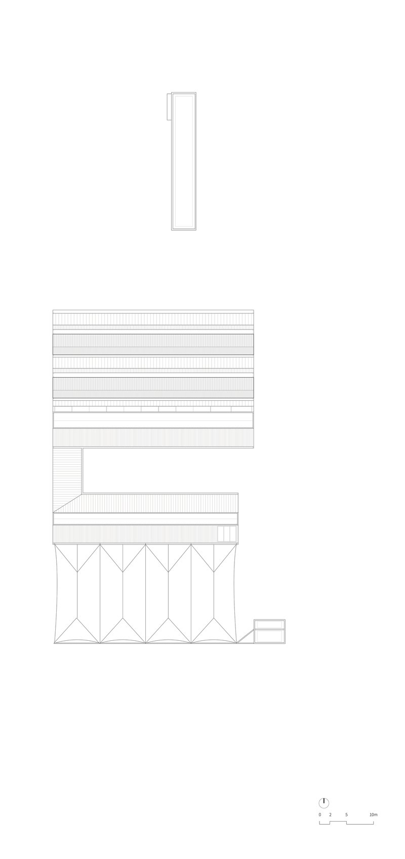 Section drawing showing the horizontal layered floors with a cantilever and angled structural supports below