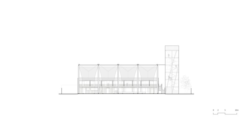 Elevation drawing showing a linear structure with repeating gabled frames and a tall adjacent tower