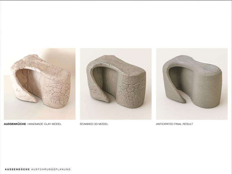 Three-step progression of a clay study model transitioning from handmade to anticipated printed form