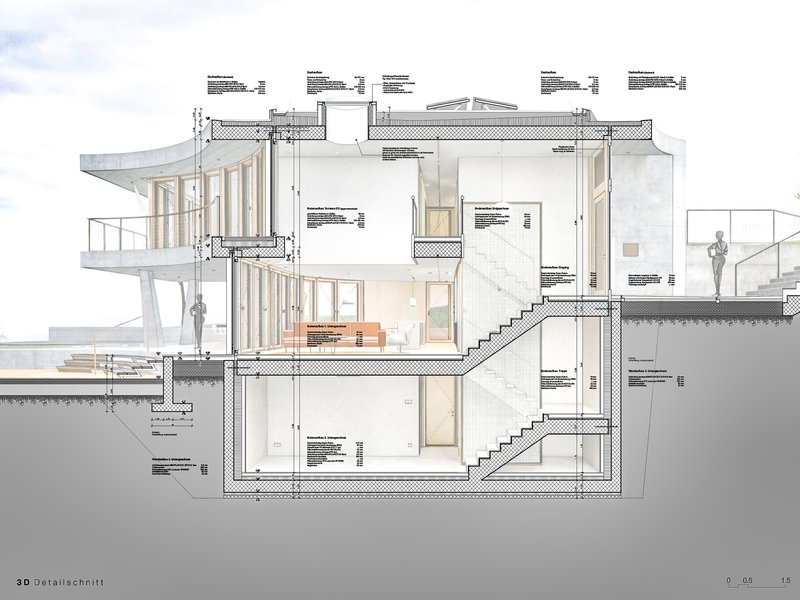 Section drawing revealing multi-level interior spaces with staircases and curved exterior canopy