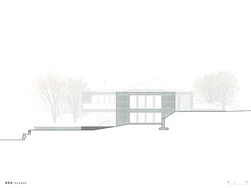 South elevation drawing showing the two-story facade with glass panels and bare winter trees