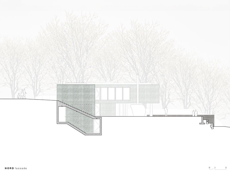 North elevation drawing depicting the sloping site with exterior staircase and deciduous trees
