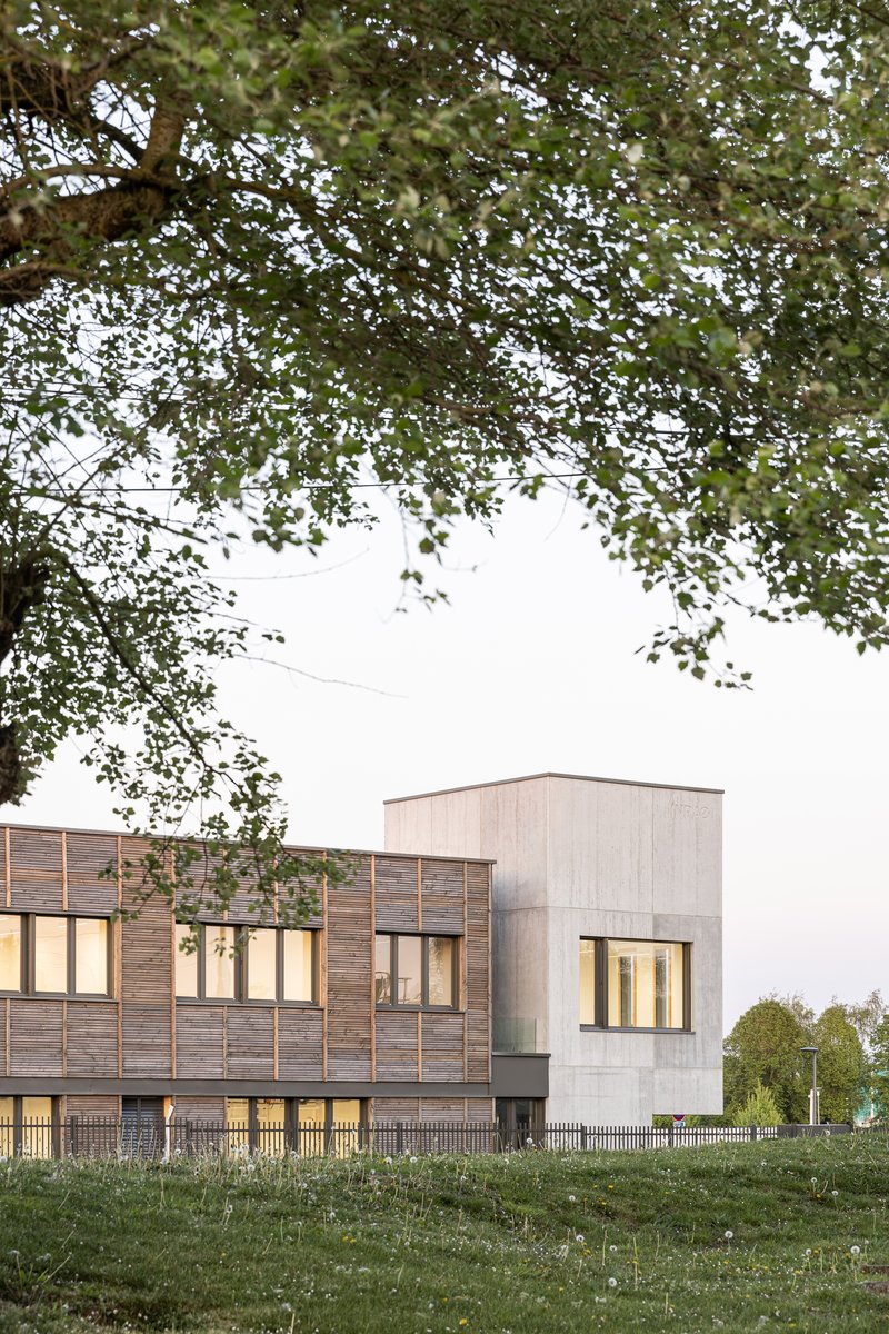 View of the illuminated facade at dusk framed by overhanging tree branches and a grass slope