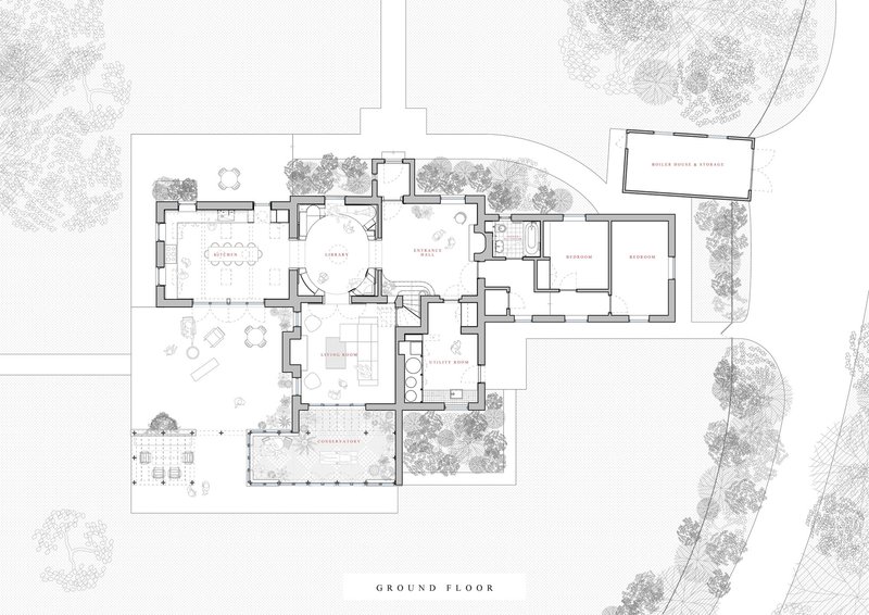 Ground floor plan showing living spaces and bedrooms with surrounding landscape and tree locations