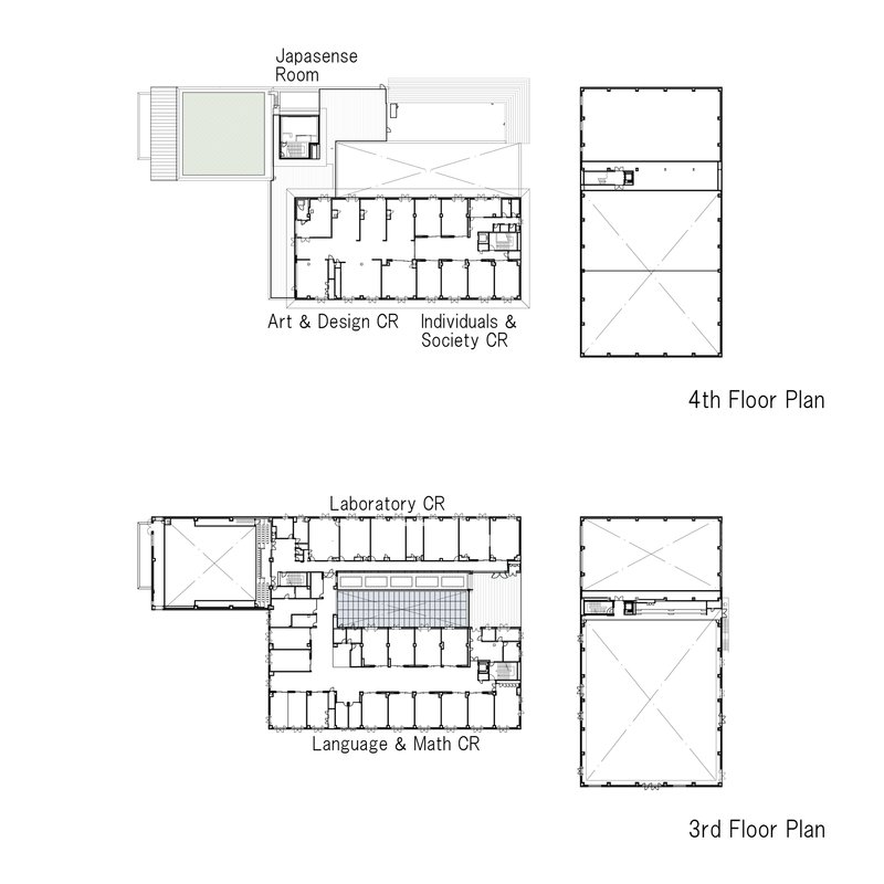 Third and fourth floor plan drawings showing classrooms, laboratories and a Japanese-style room
