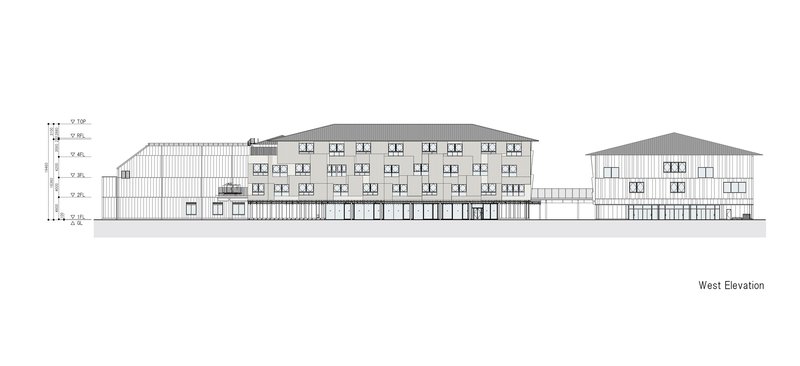 West elevation drawing showing two buildings with gabled roofs and vertical cladding