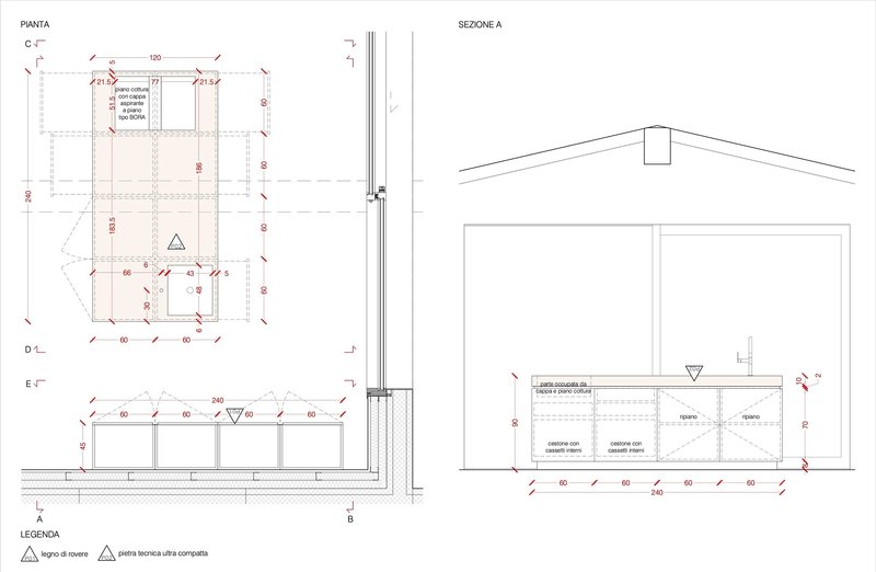 Plan and sectional drawing showing a multi-bay structure with a peaked roof and interior storage rooms