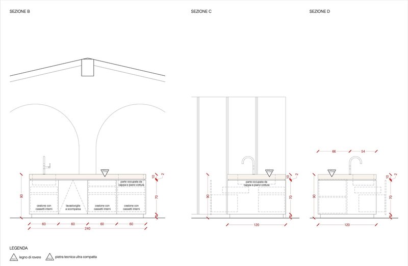 Three sectional drawings revealing interior arches, storage areas, and plumbing fixture locations with dimensions