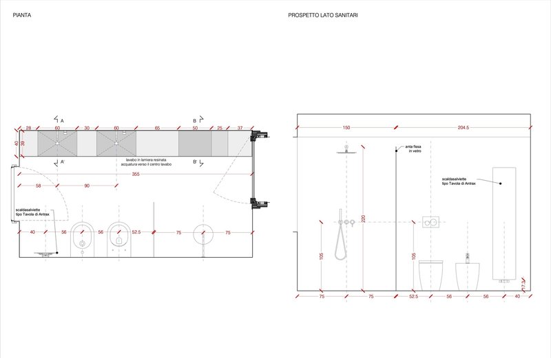 Floor plan and elevation drawing of a bathroom layout showing sink fixtures and wall-mounted elements