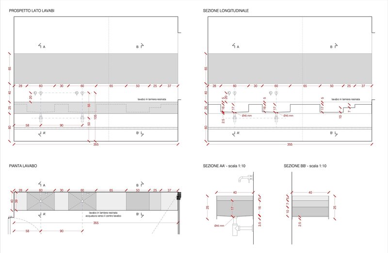 Sectional and plan drawings of a sink counter with multiple views showing dimensions and construction details