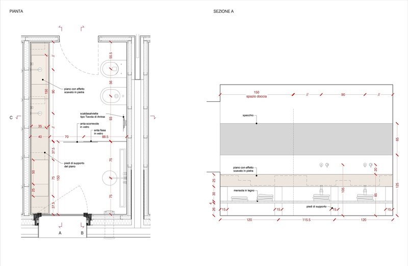 Plan and sectional drawing of a bathroom with toilet, sinks, and shower plus a mirrored elevation detail