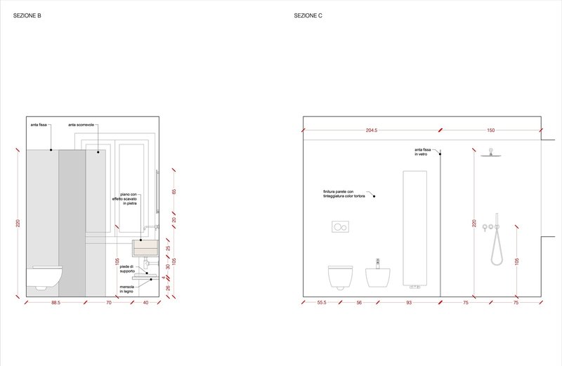 Two sectional drawings showing bathroom elevations with shower enclosure, toilet, sink, and fixture placement
