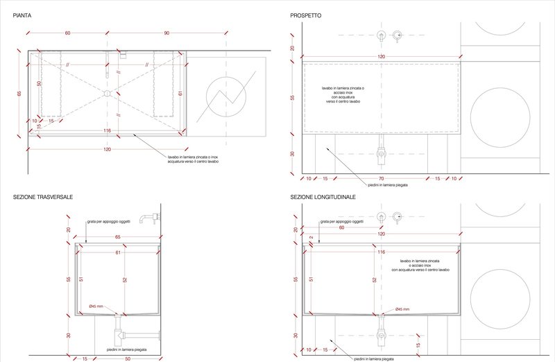Plan and section drawings showing a rectangular volume with diagonal bracing and circular element
