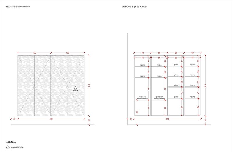 Section elevation drawings showing closed and open wall panel configurations with diagonal cross bracing