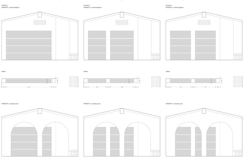 Elevation and projection drawings showing three facade variations with arched openings and horizontal banding