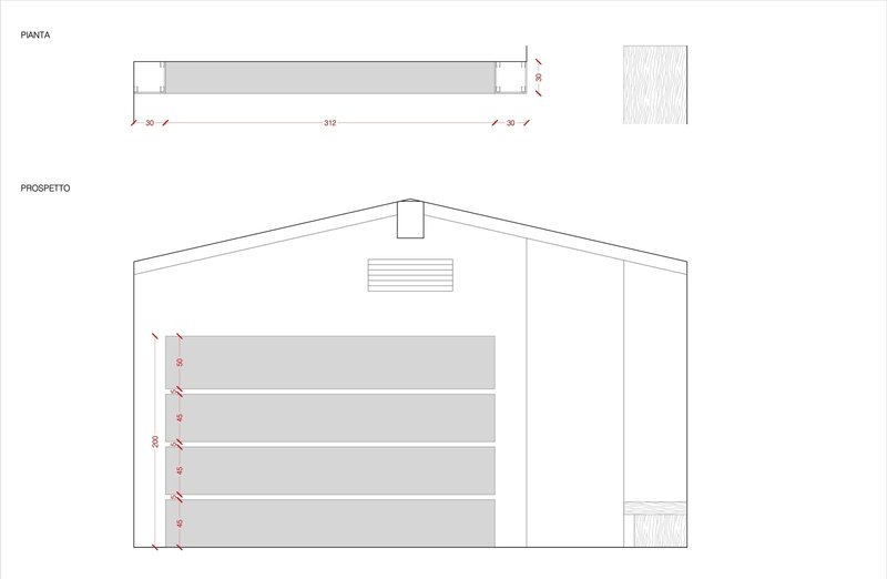 Plan and elevation drawings showing gabled structure with horizontal banded wall and ventilation grille