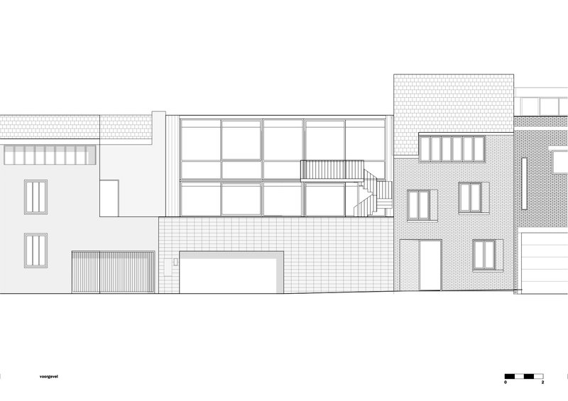 Elevation drawing depicting a mixed facade with large glazed panels and textured brick volumes