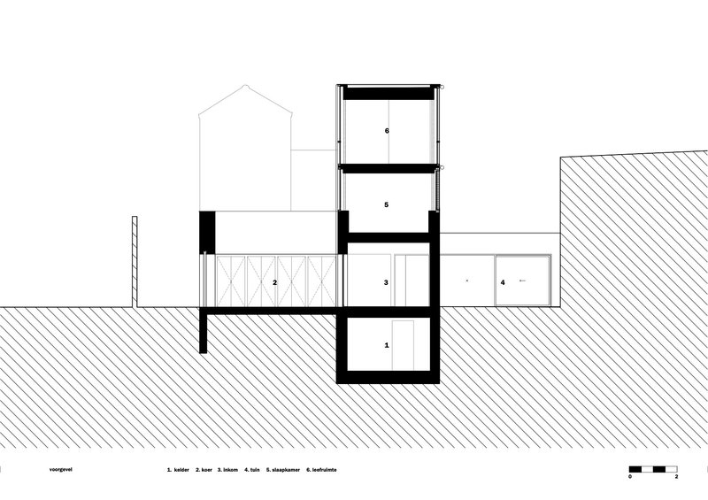 Section drawing revealing split-level interior spaces and an adjacent gabled neighbor