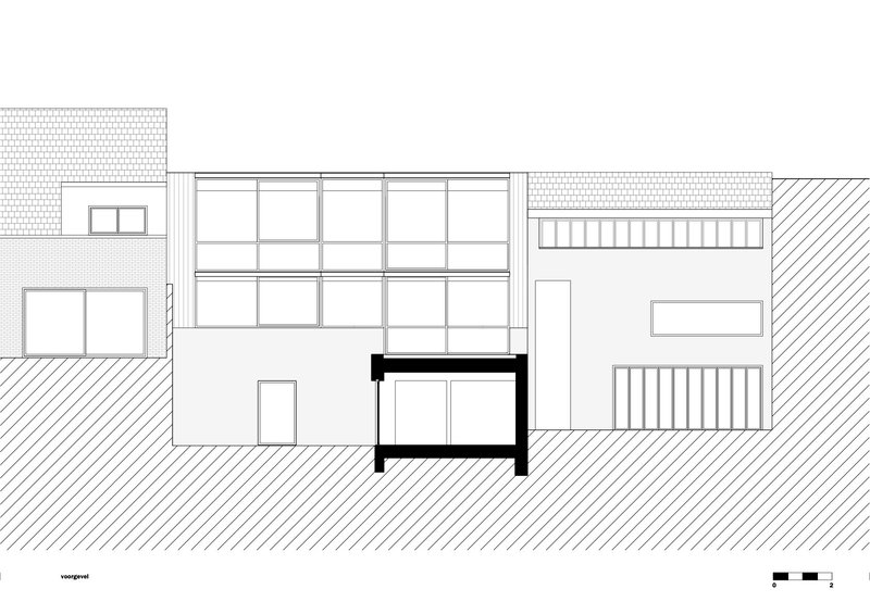 Section drawing showing a partially buried volume with glazed facade and hatched earth