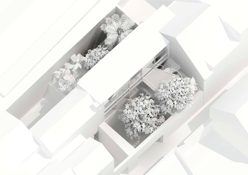 Aerial rendering of a courtyard with planted trees nestled between surrounding buildings