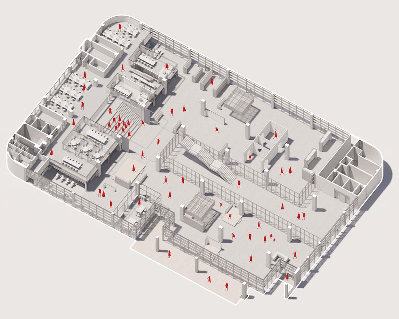 Axonometric drawing showing open office floors with workstations and red figures indicating circulation patterns