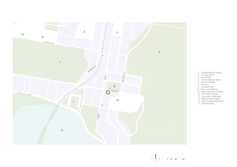 Site plan drawing showing the library building among surrounding landscape contours and adjacent structures